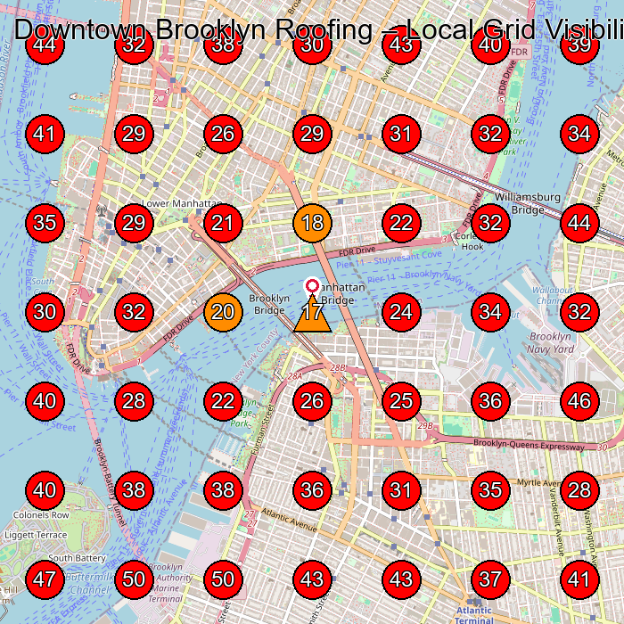 Downtown Brooklyn Roofing GeoGrid visibility map for Chimney Services in Brooklyn